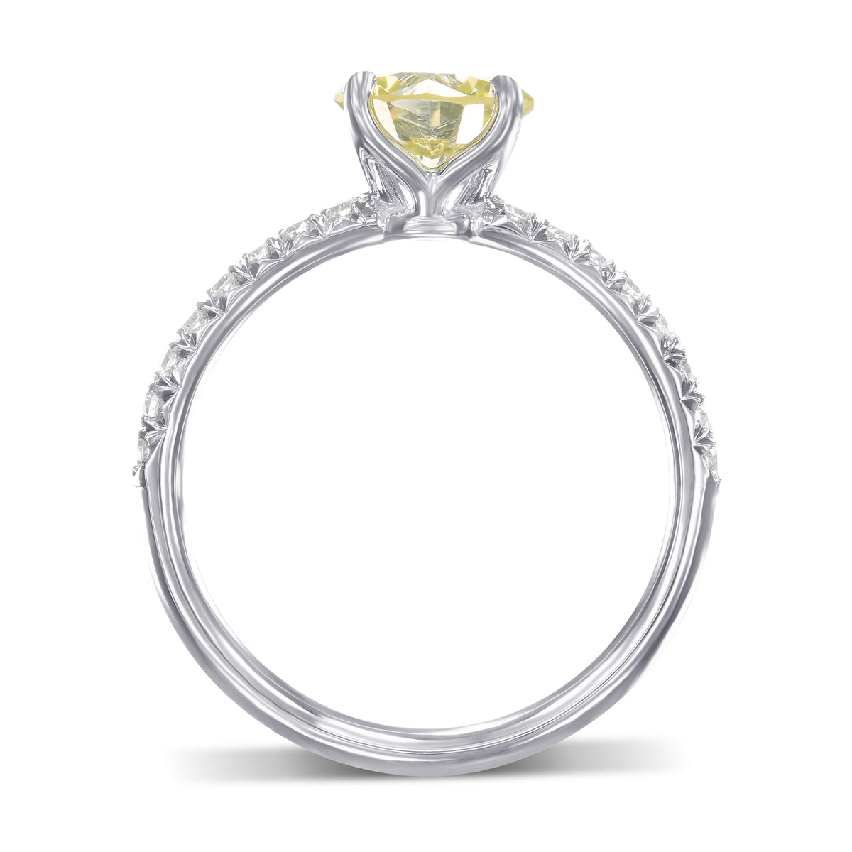 Fancy Greenish Yellow Round Diamond Solitaire Pave Side Stone Ring