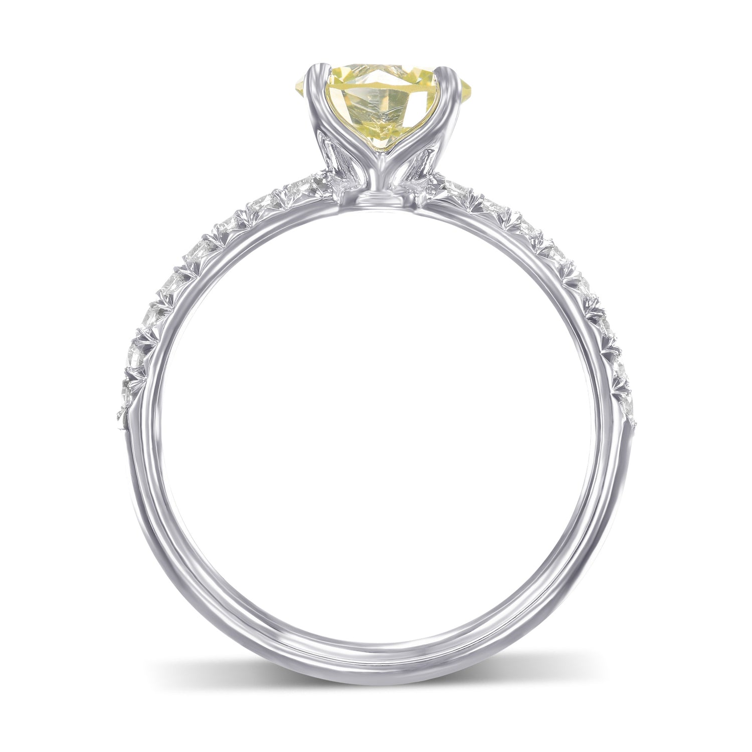 Fancy Greenish Yellow Round Diamond Solitaire Pave Side Stone Ring