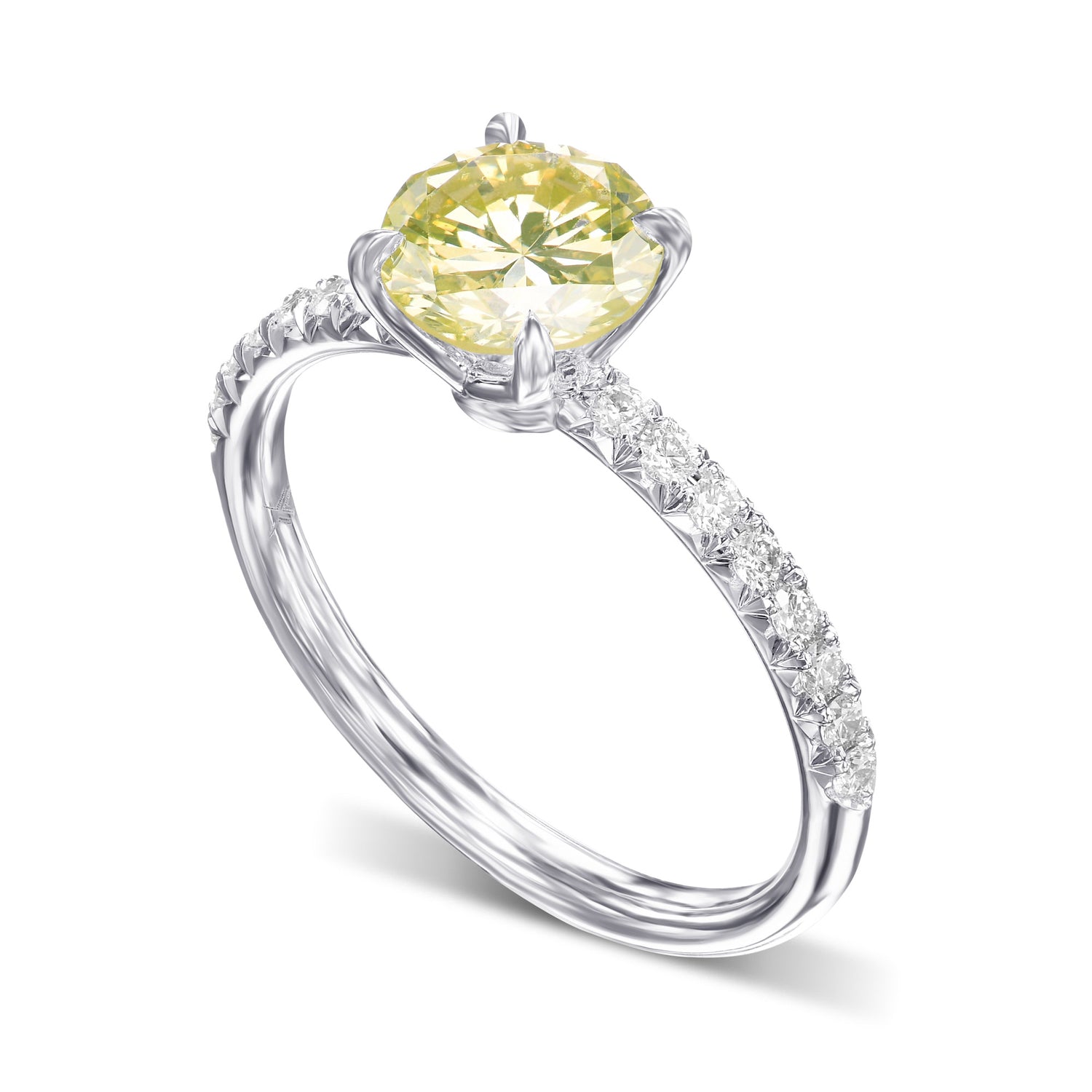 Fancy Greenish Yellow Round Diamond Solitaire Pave Side Stone Ring