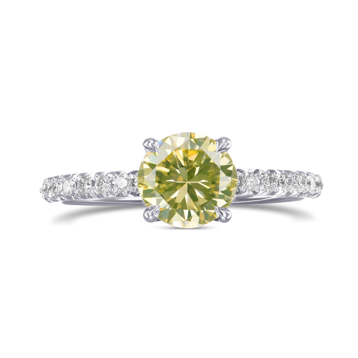 Fancy Greenish Yellow Round Diamond Solitaire Pave Side Stone Ring