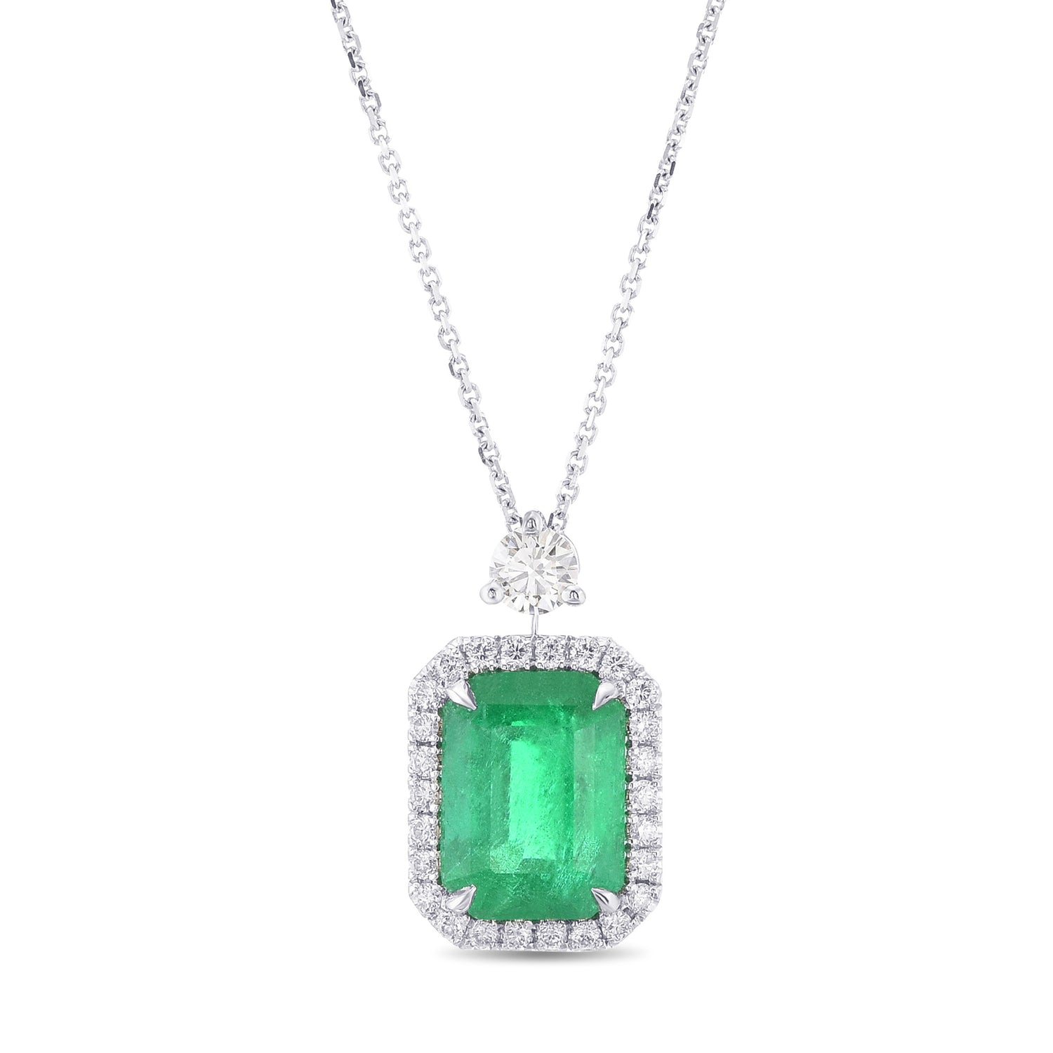 Colombian Vivid Green Emerald Halo Diamond Drop Pendant