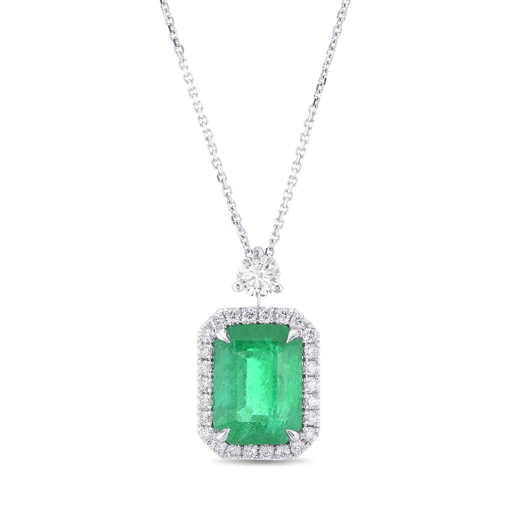 Colombian Vivid Green Emerald Halo Diamond Drop Pendant