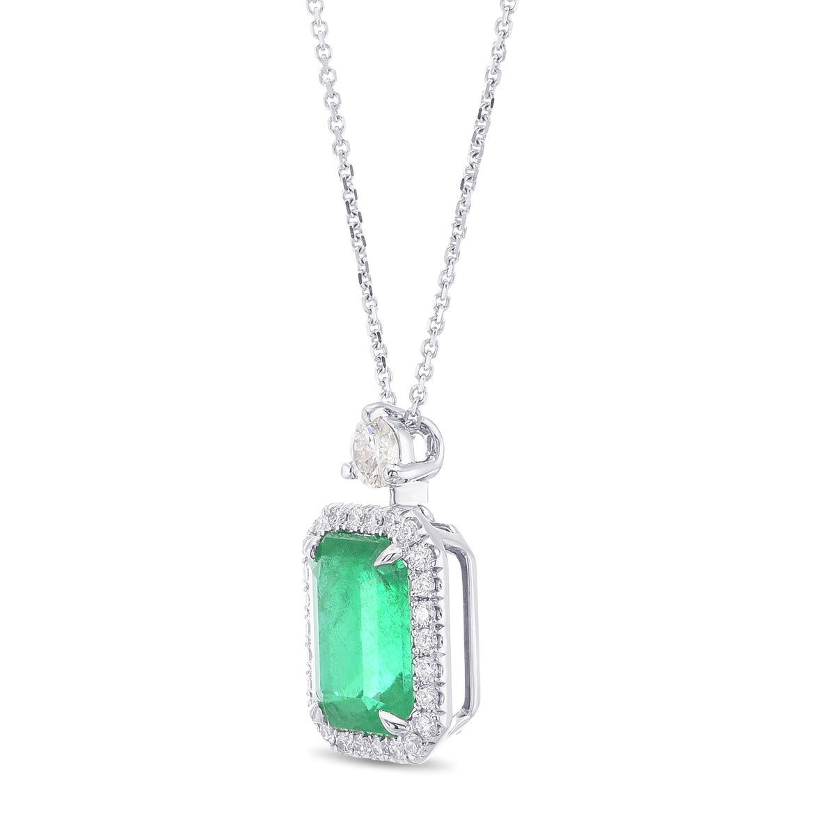 Colombian Vivid Green Emerald Halo Diamond Drop Pendant