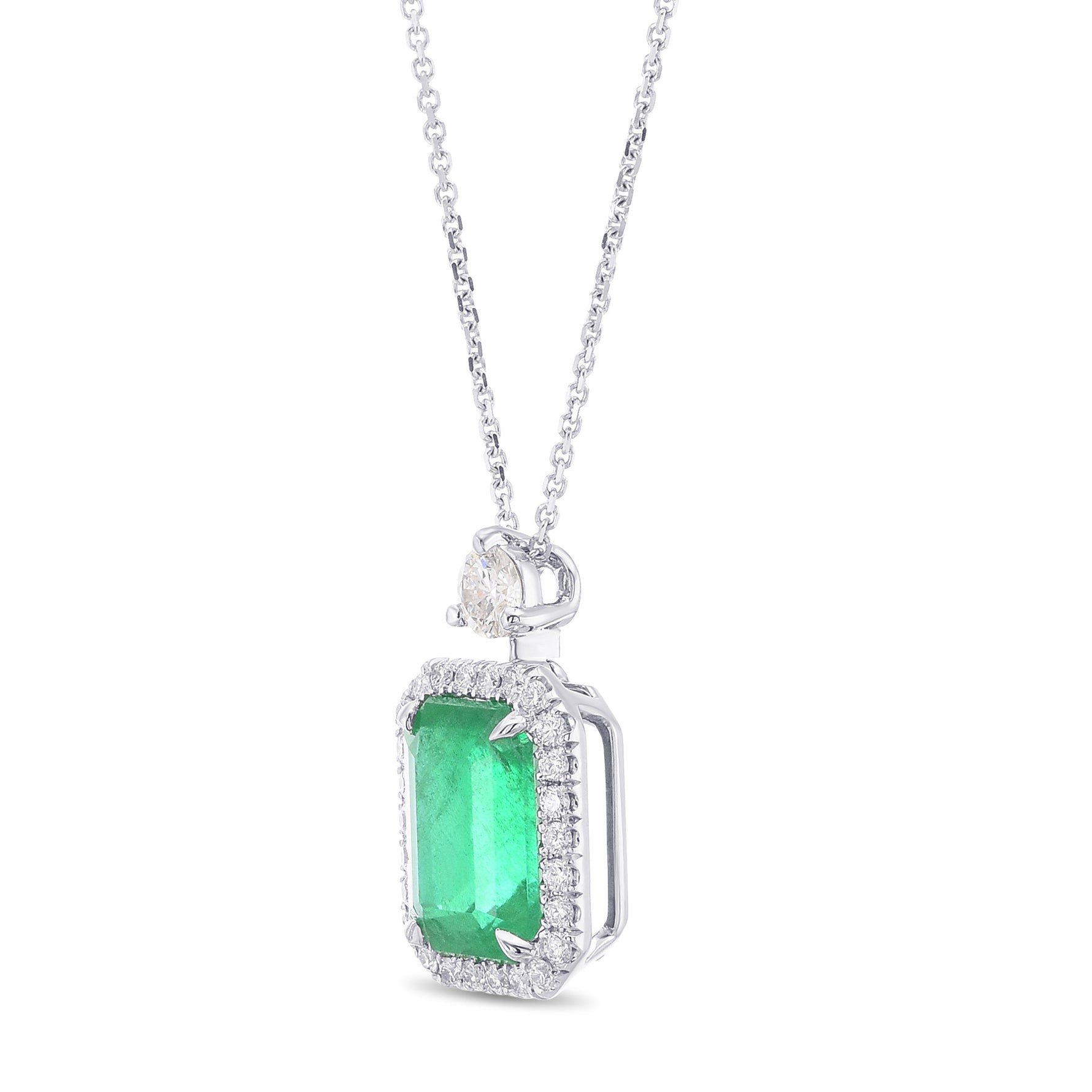 Colombian Vivid Green Emerald Halo Diamond Drop Pendant