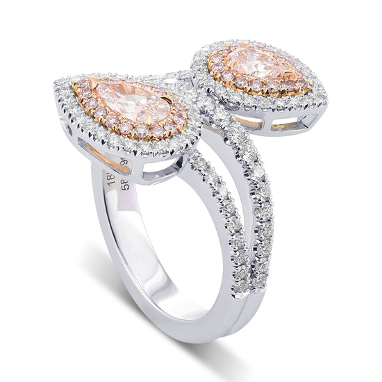 Pink Pear Double Halo Crossover Diamond Ring