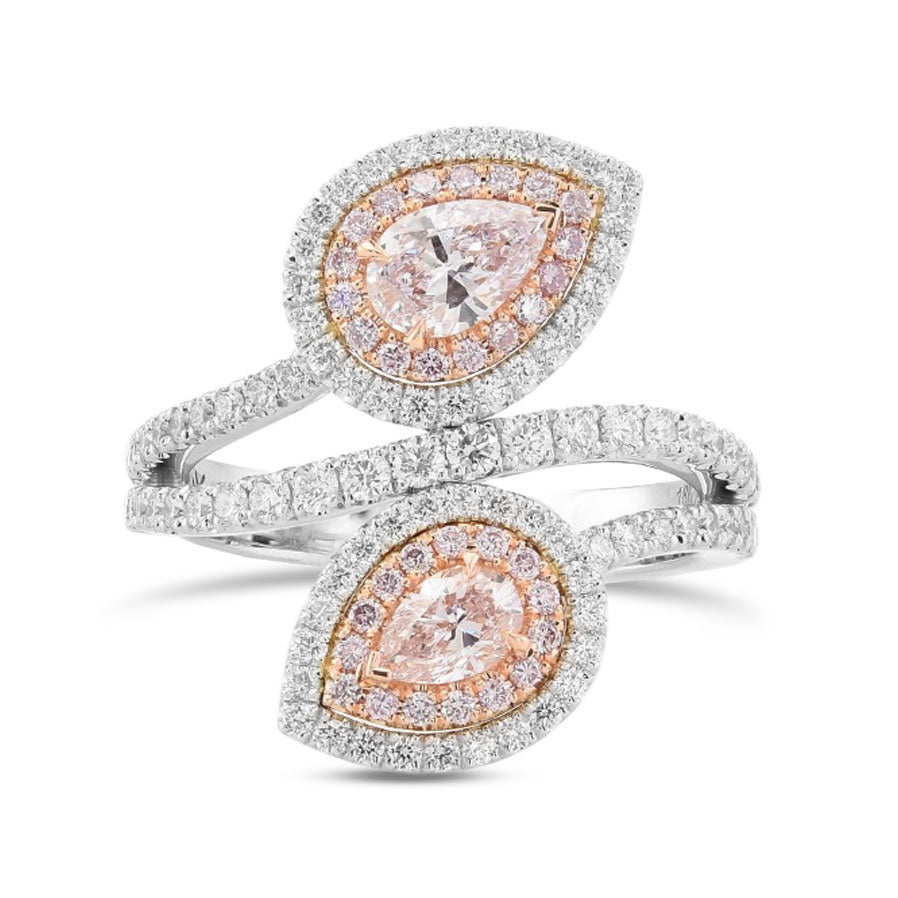 Pink Pear Double Halo Crossover Diamond Ring