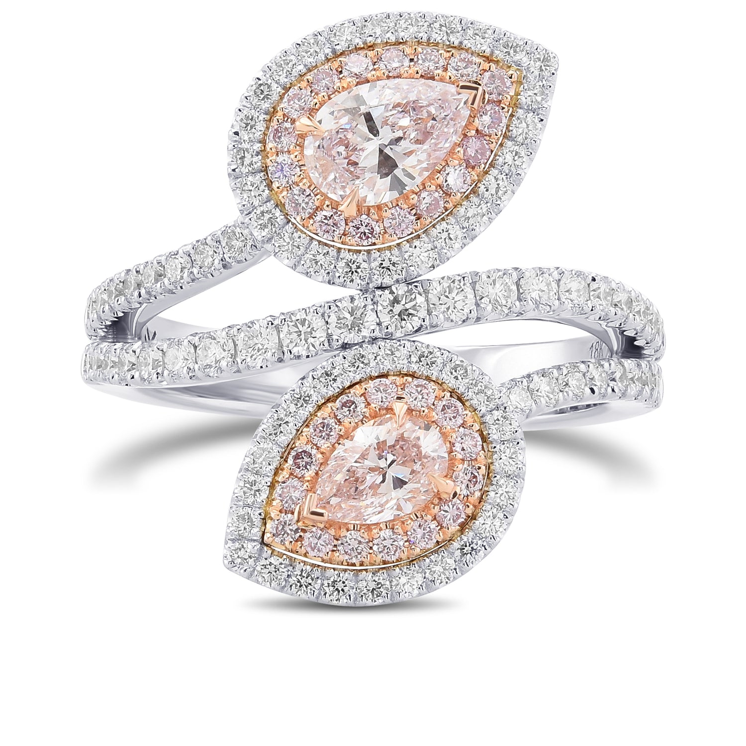 Pink Pear Double Halo Crossover Diamond Ring