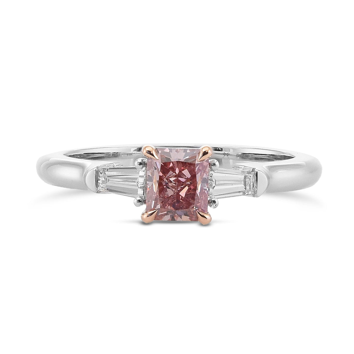 Fancy Orangy Pink Radiant Diamond Three-stone Ring