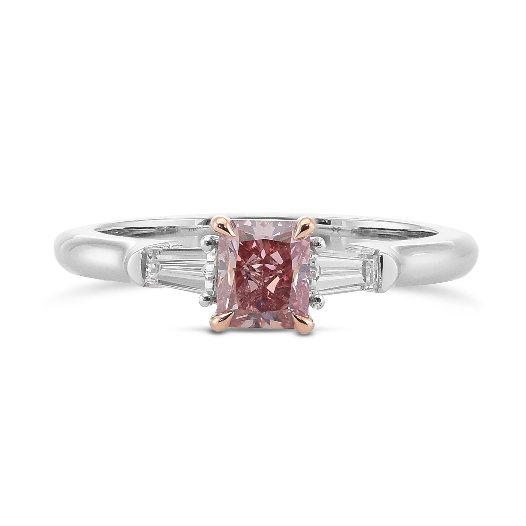 Fancy Orangy Pink Radiant Diamond Three-stone Ring