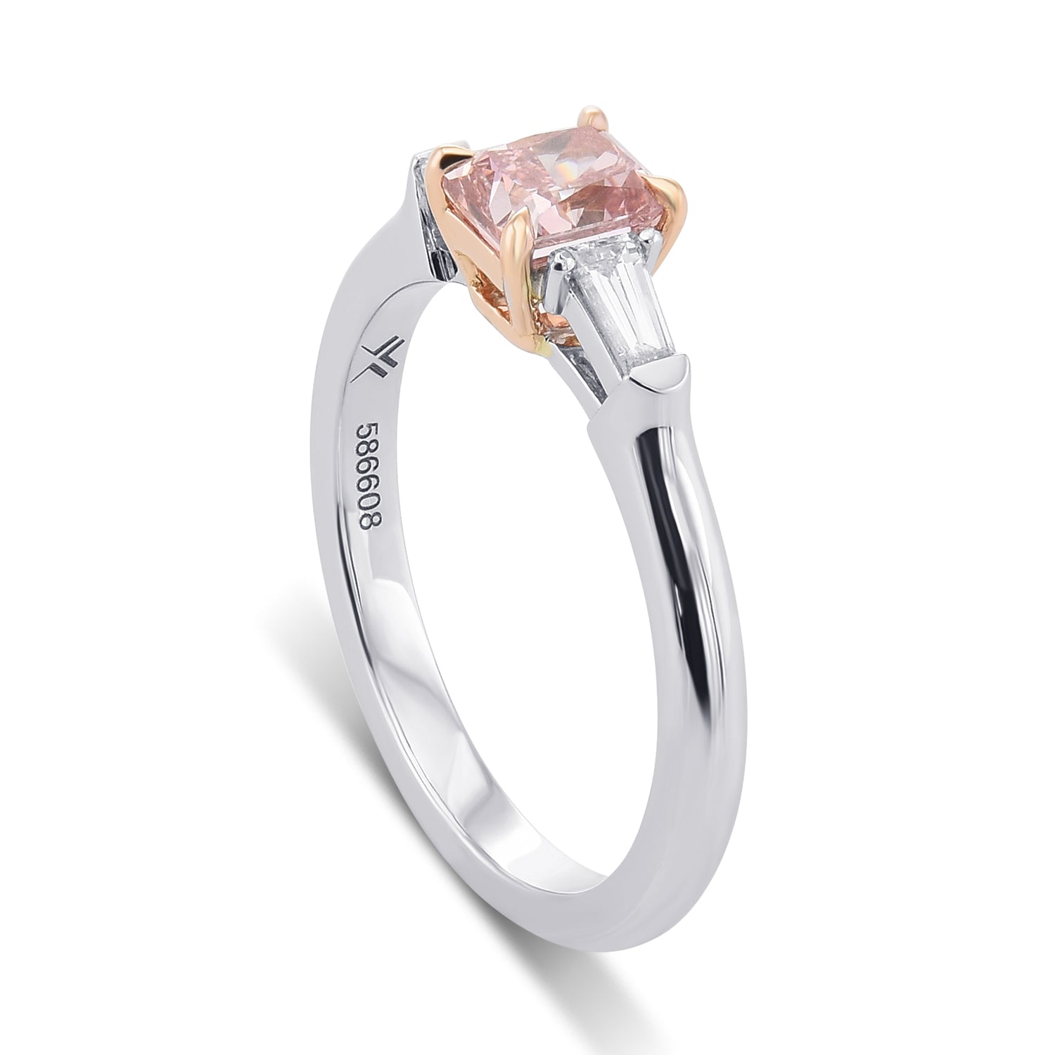 Fancy Orangy Pink Radiant Diamond Three-stone Ring