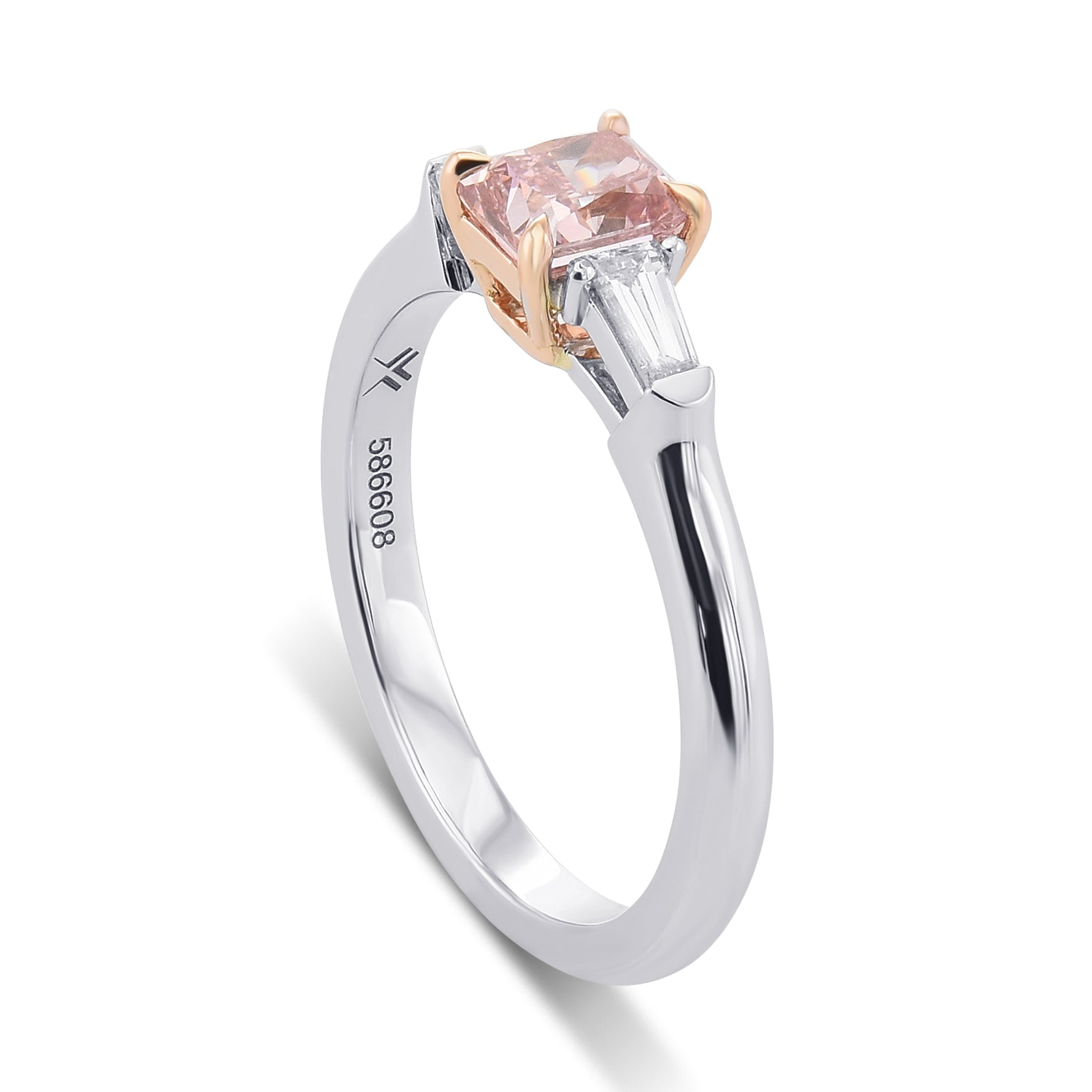 Fancy Orangy Pink Radiant Diamond Three-stone Ring