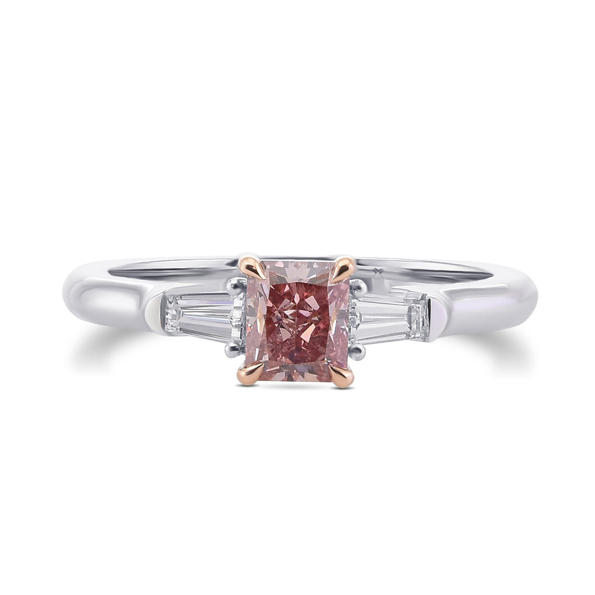 Fancy Orangy Pink Radiant Diamond Three-stone Ring