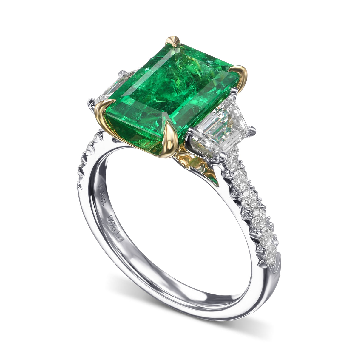 Muzo Emerald and Diamond Three Stone Side Stone Ring