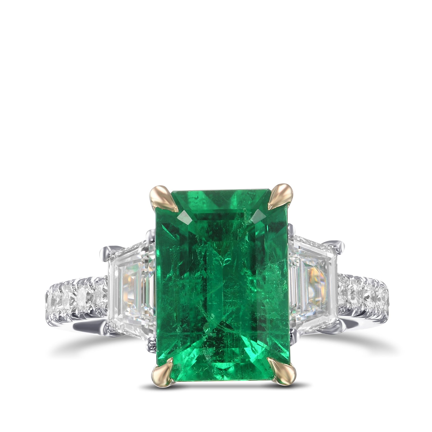 Muzo Emerald and Diamond Three Stone Side Stone Ring