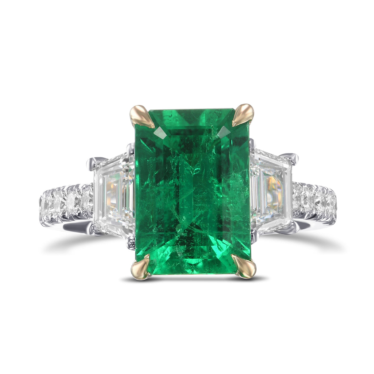 Muzo Emerald and Diamond Three Stone Side Stone Ring