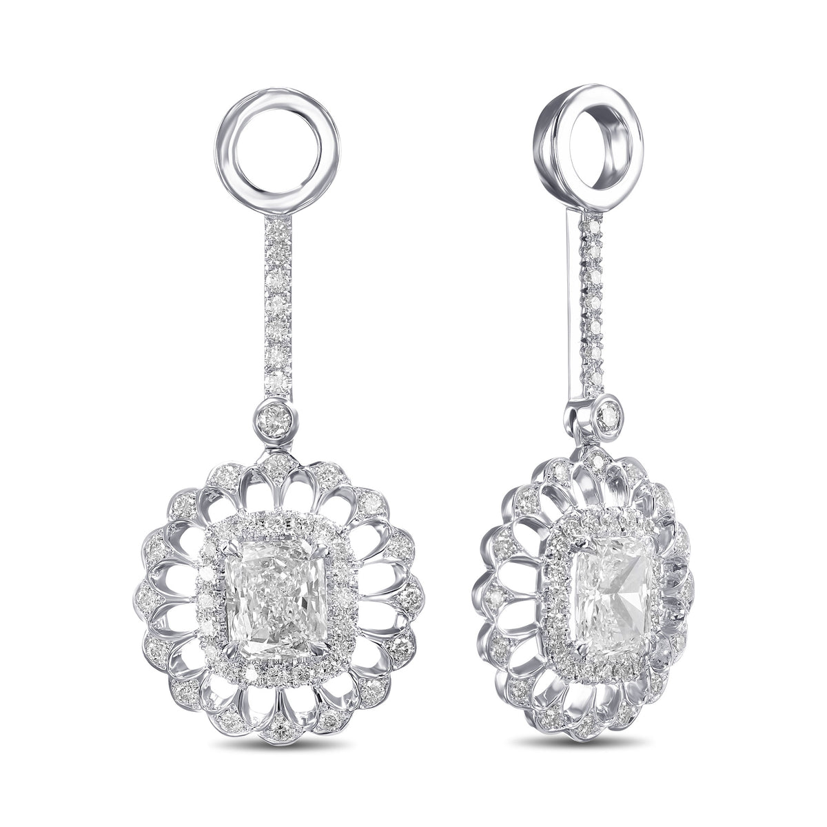 Radiant Diamond Floral Filigree Drop Halo Earrings