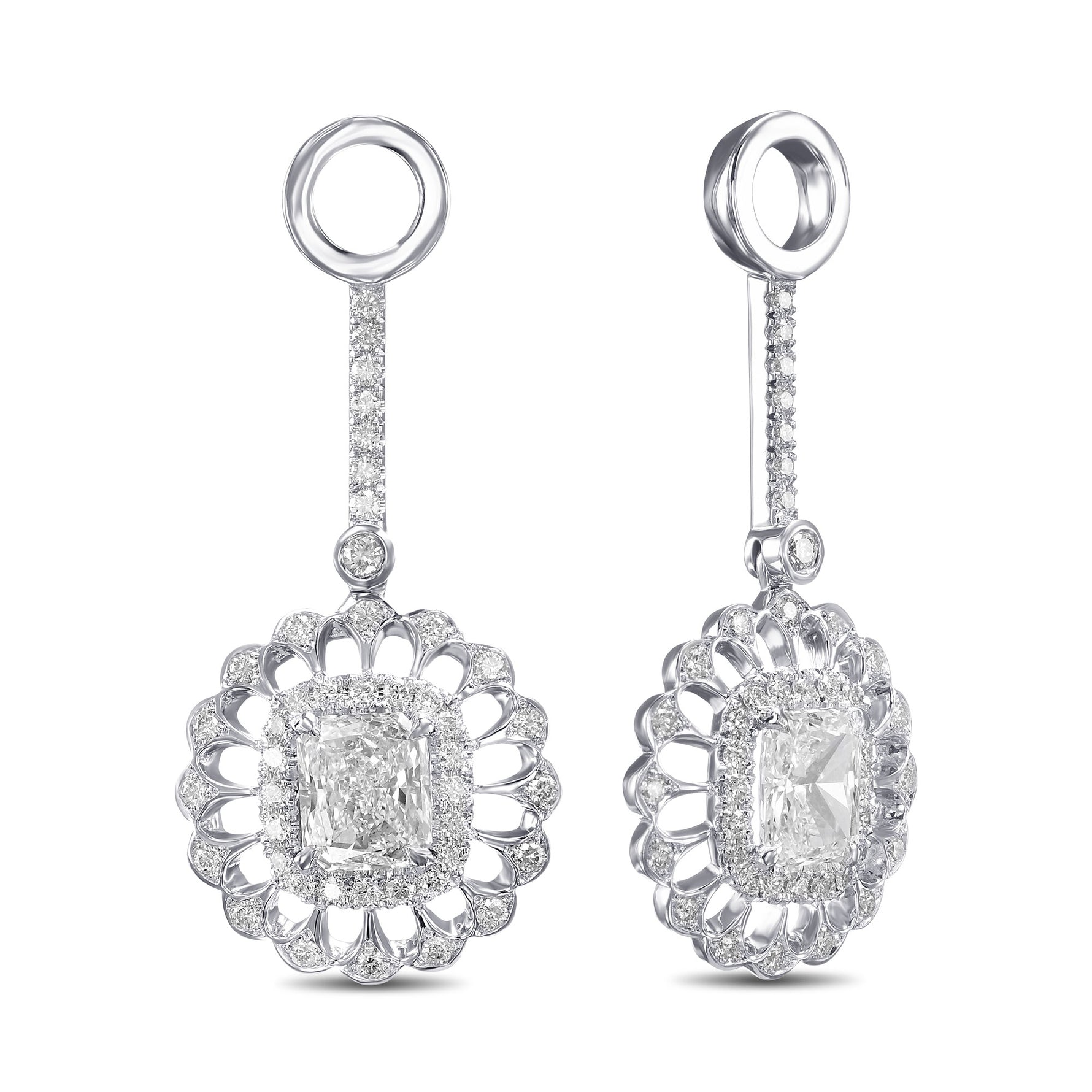 Radiant Diamond Floral Filigree Drop Halo Earrings