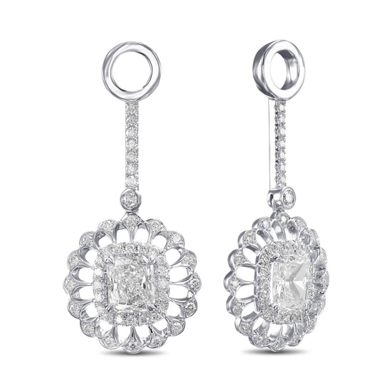 Radiant Diamond Floral Filigree Drop Halo Earrings