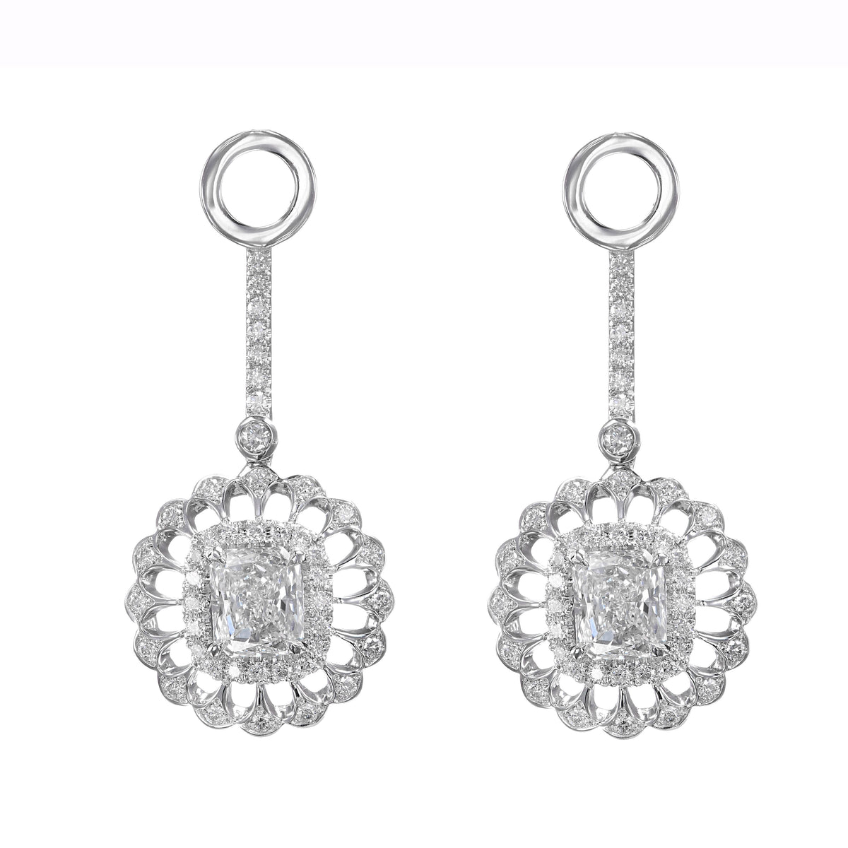 Radiant Diamond Floral Filigree Drop Halo Earrings