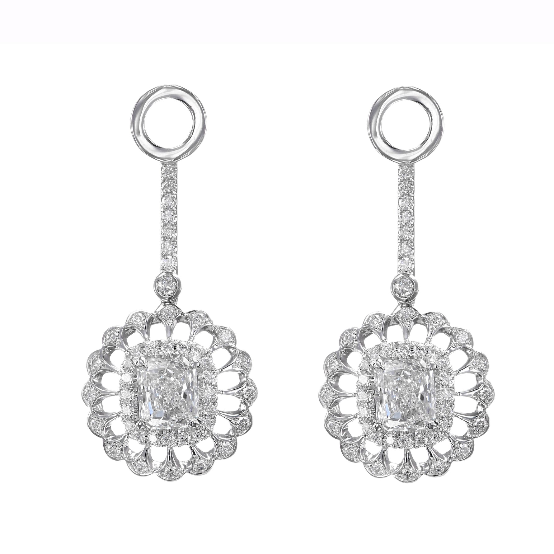 Radiant Diamond Floral Filigree Drop Halo Earrings