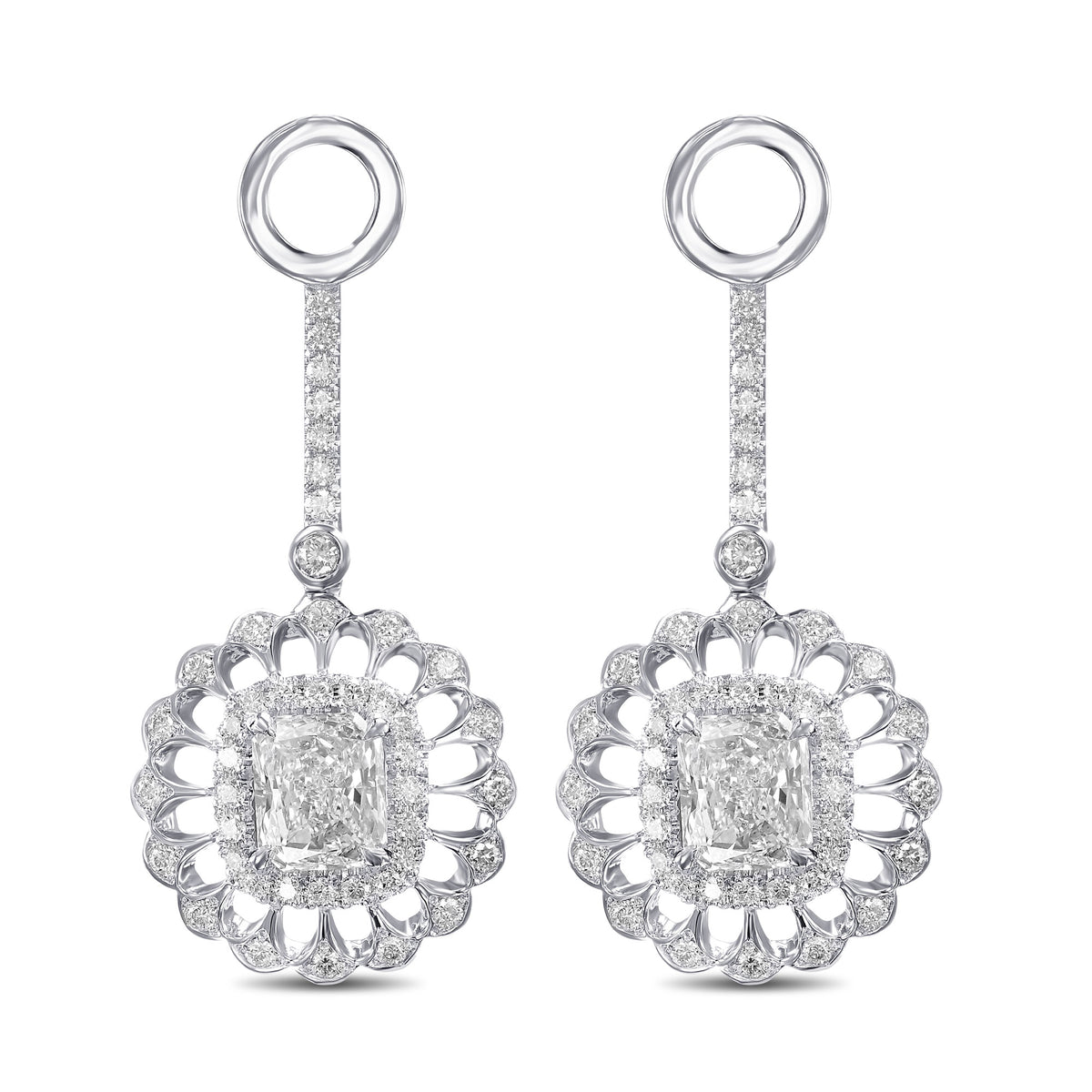 Radiant Diamond Floral Filigree Drop Halo Earrings