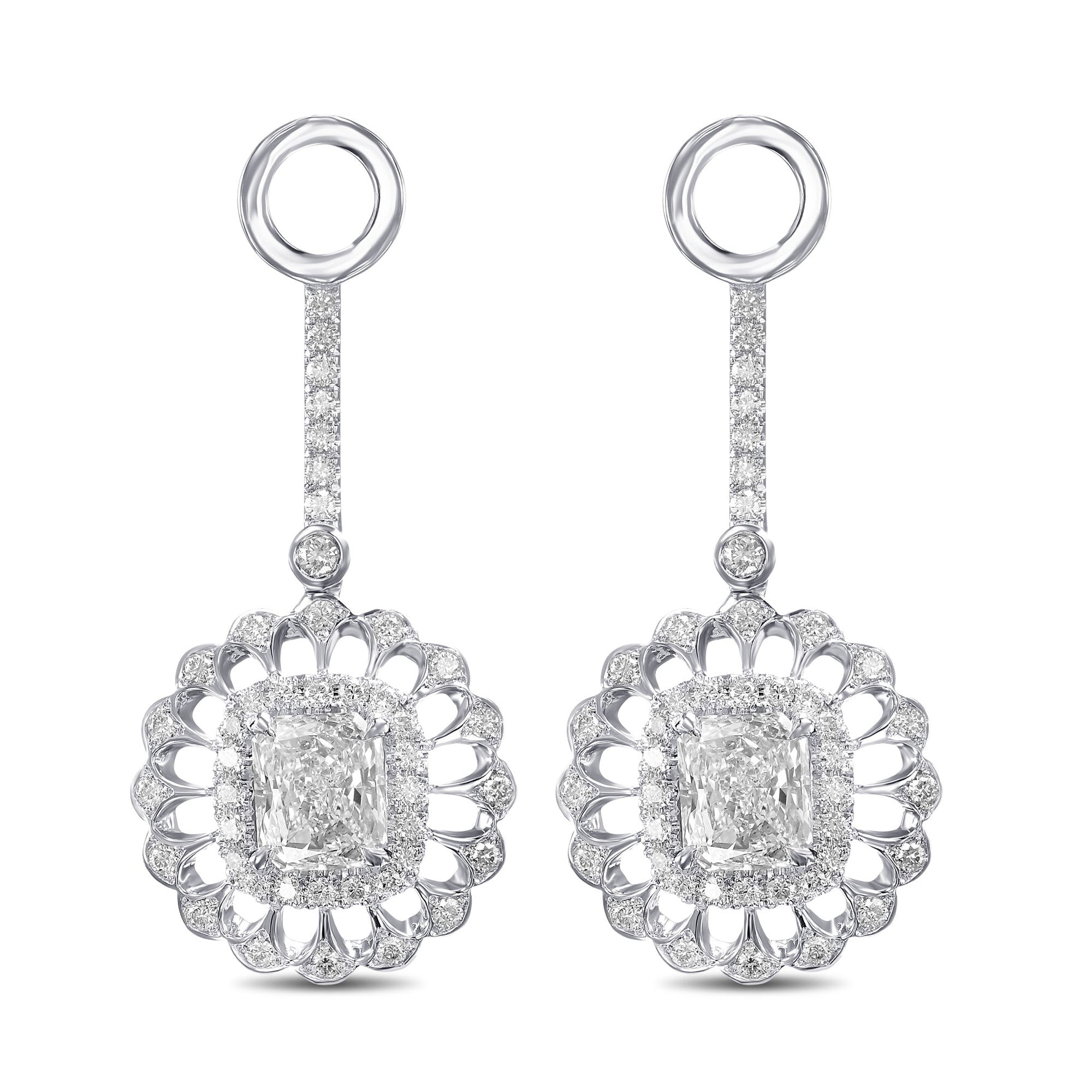 Radiant Diamond Floral Filigree Drop Halo Earrings