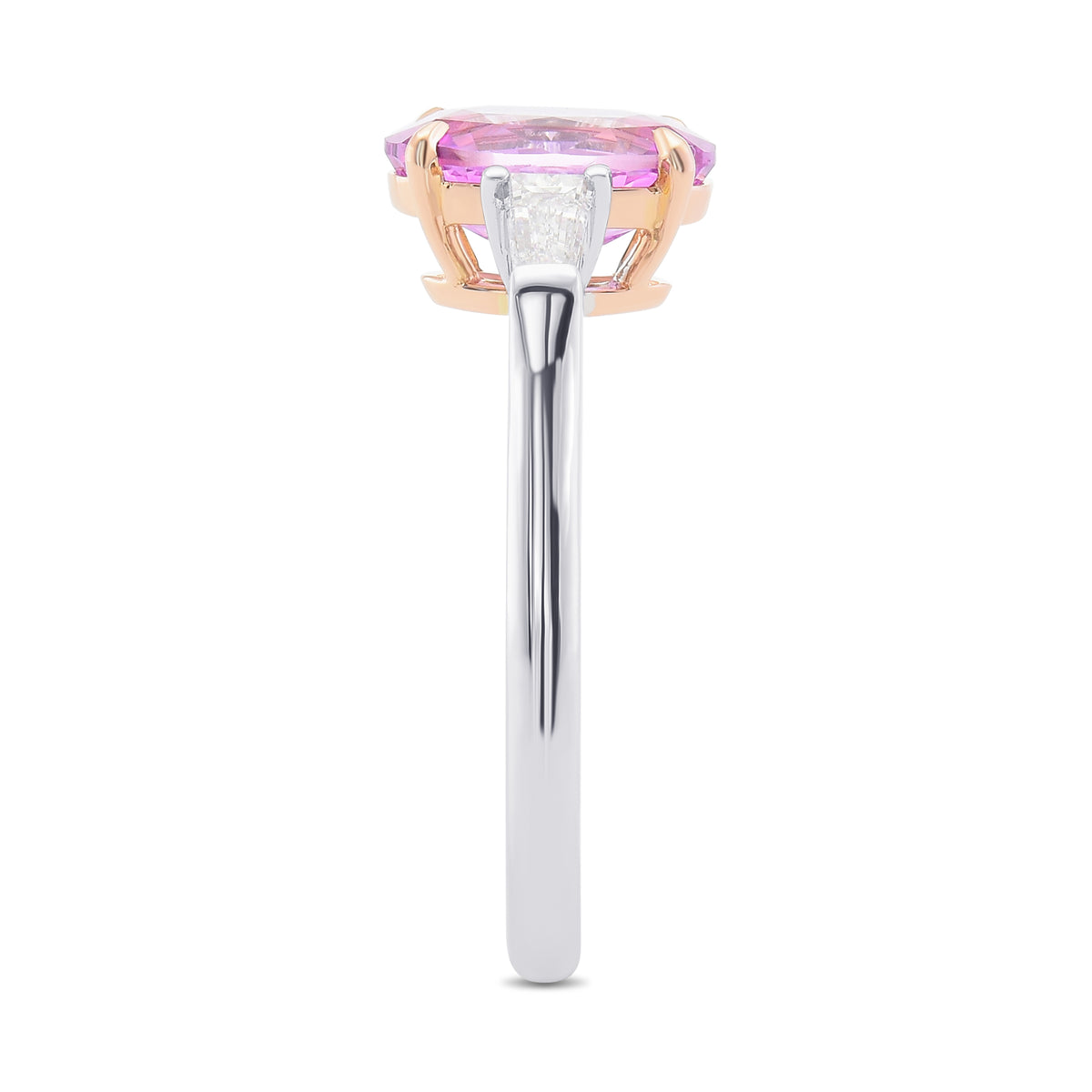 Pink Oval Sapphire & Taper Baguette Diamond Three-stone Ring