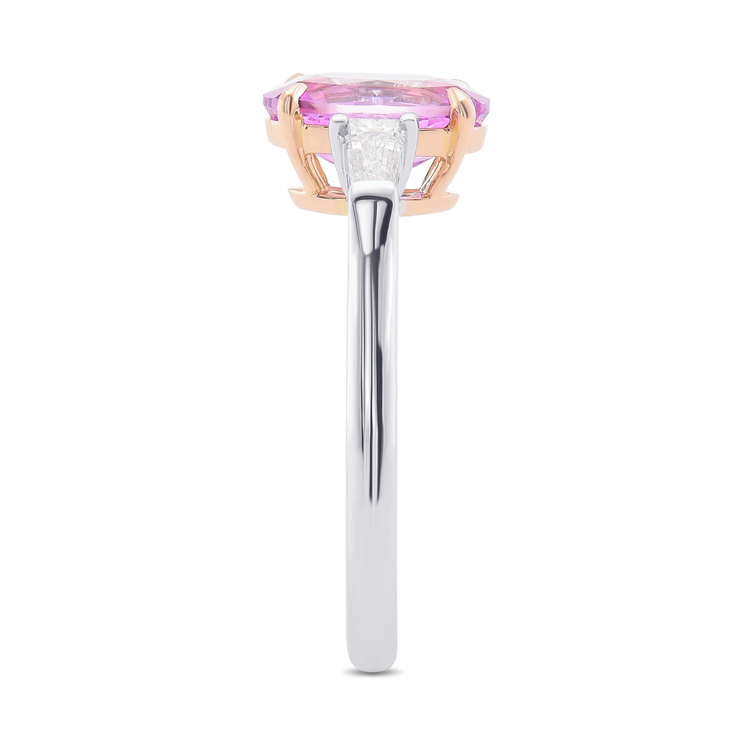 Pink Oval Sapphire & Taper Baguette Diamond Three-stone Ring