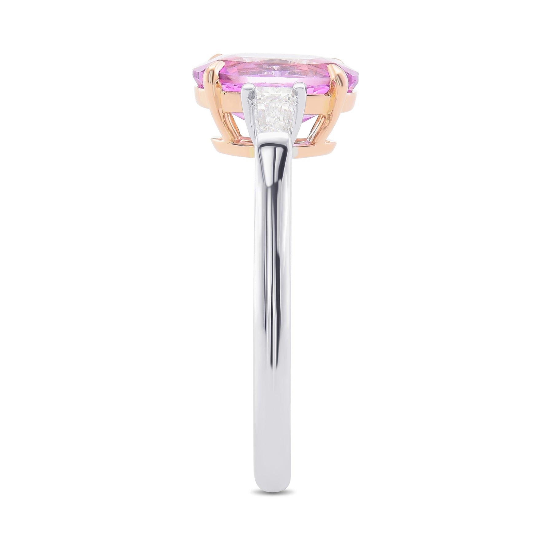 Pink Oval Sapphire & Taper Baguette Diamond Three-stone Ring