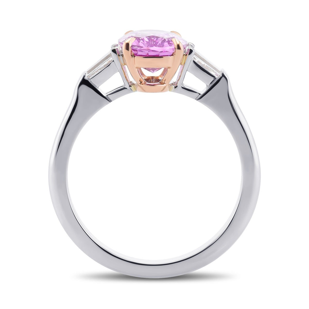 Pink Oval Sapphire & Taper Baguette Diamond Three-stone Ring