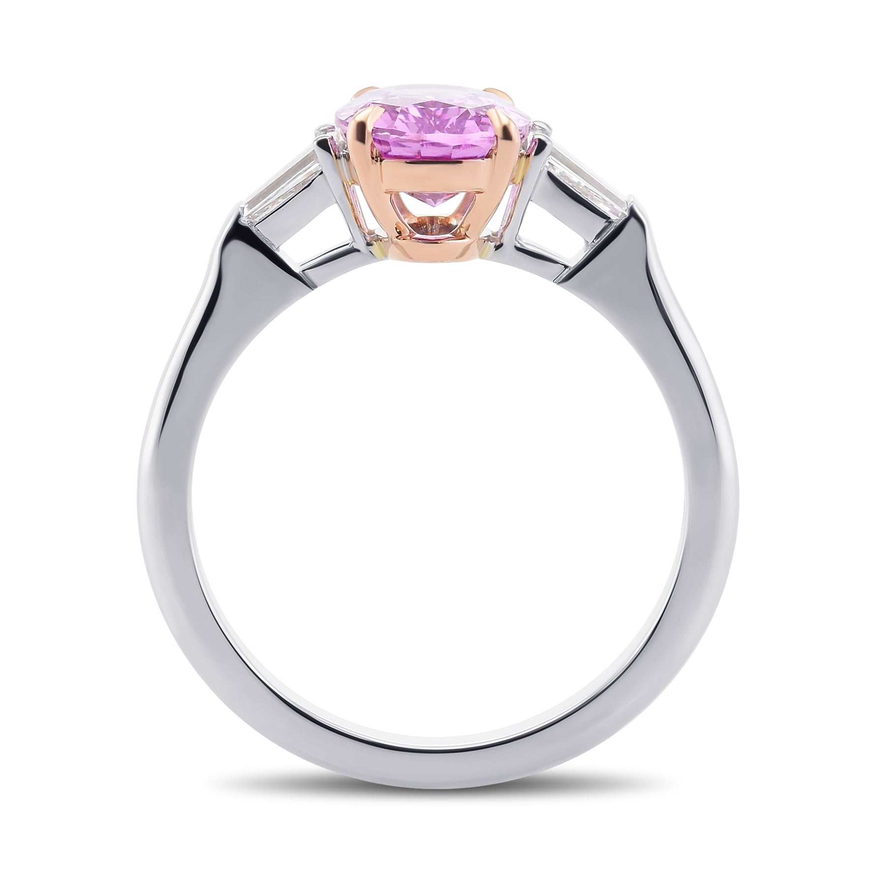 Pink Oval Sapphire & Taper Baguette Diamond Three-stone Ring