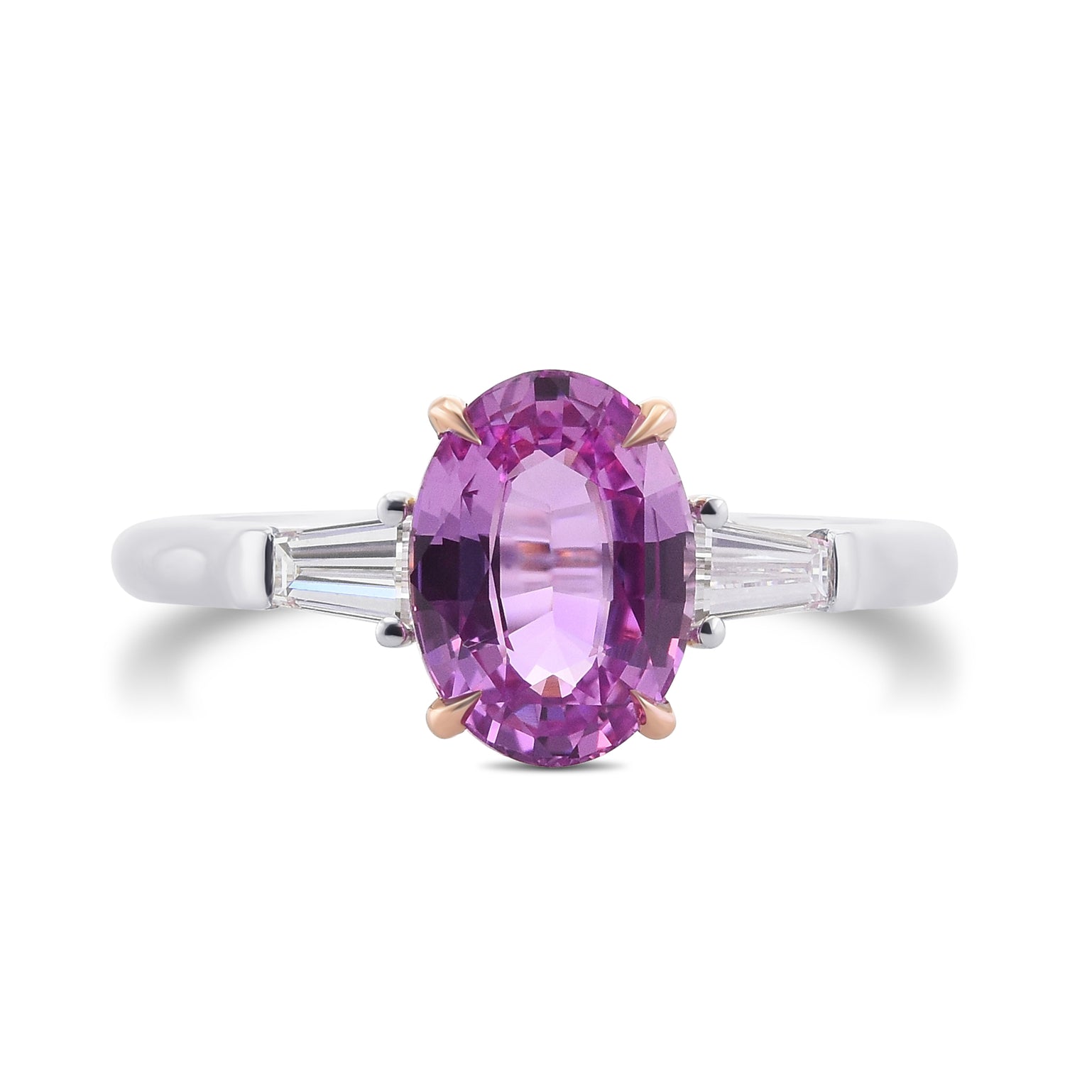 Pink Oval Sapphire & Taper Baguette Diamond Three-stone Ring
