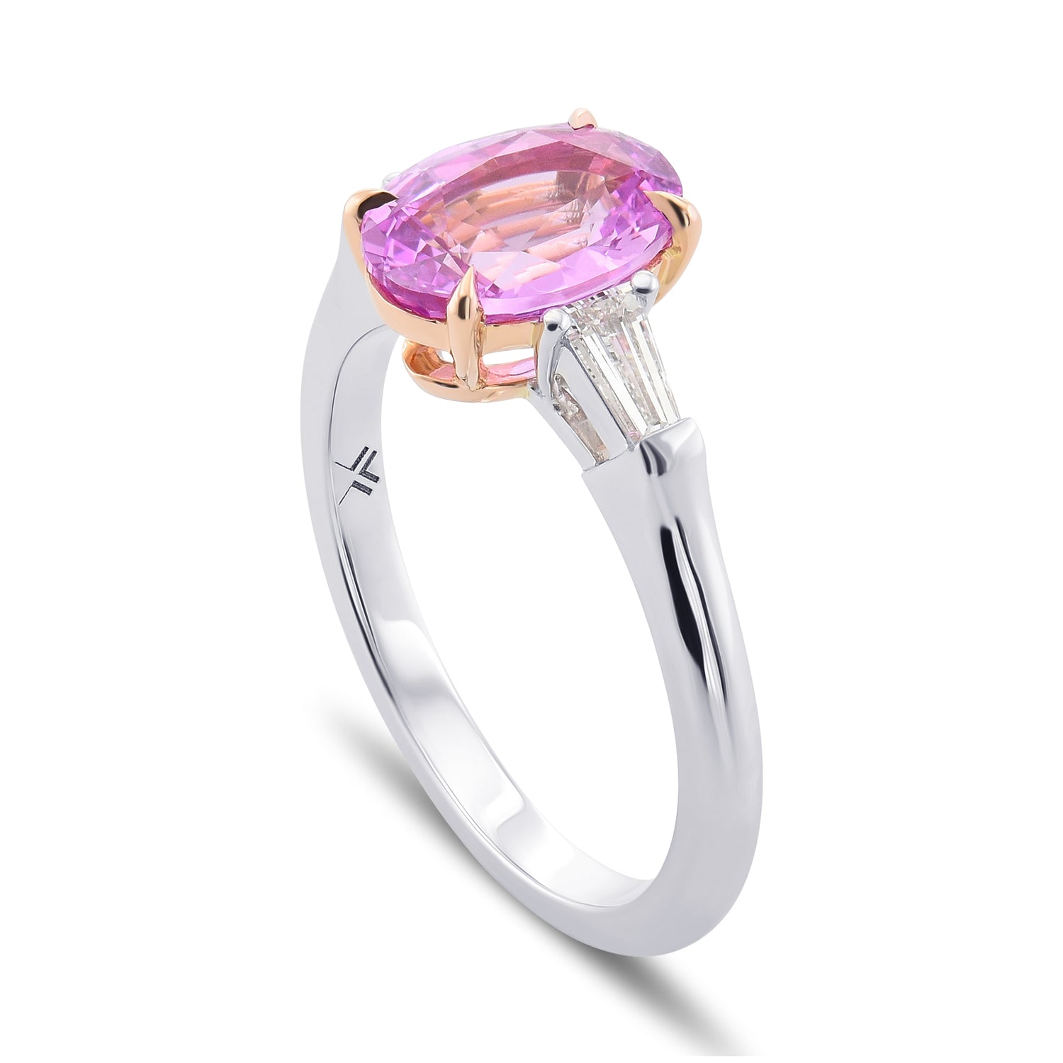 Pink Oval Sapphire & Taper Baguette Diamond Three-stone Ring