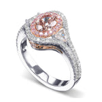 Fancy Pink Brown Oval Three-Stone Halo Diamond Ring