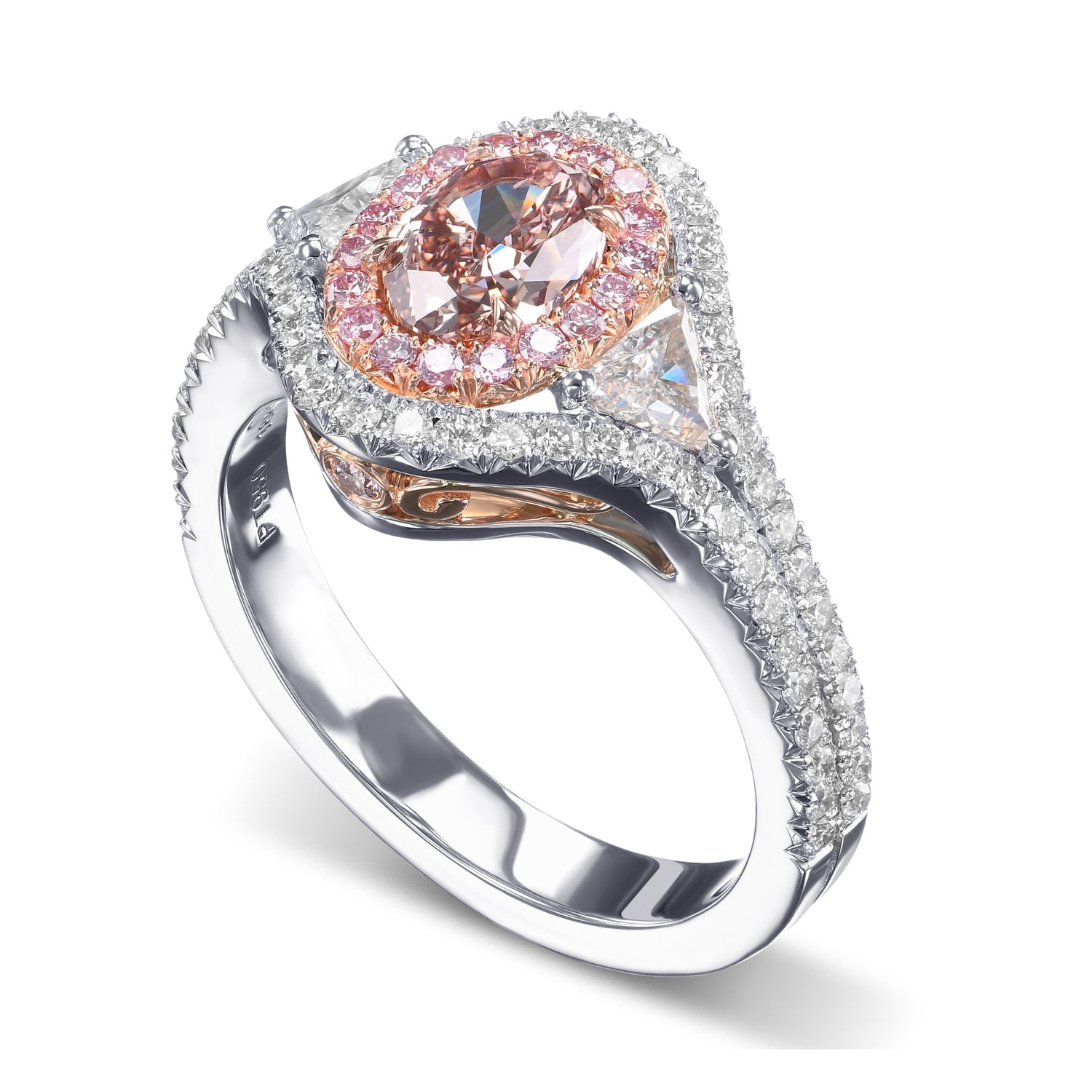 Fancy Pink Brown Oval Three-Stone Halo Diamond Ring