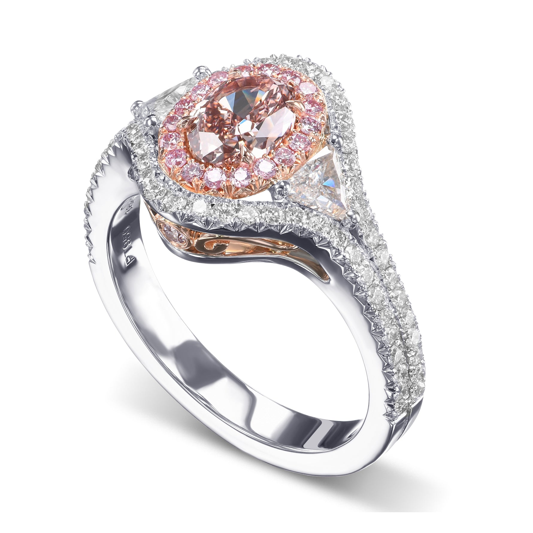 Fancy Pink Brown Oval Three-Stone Halo Diamond Ring