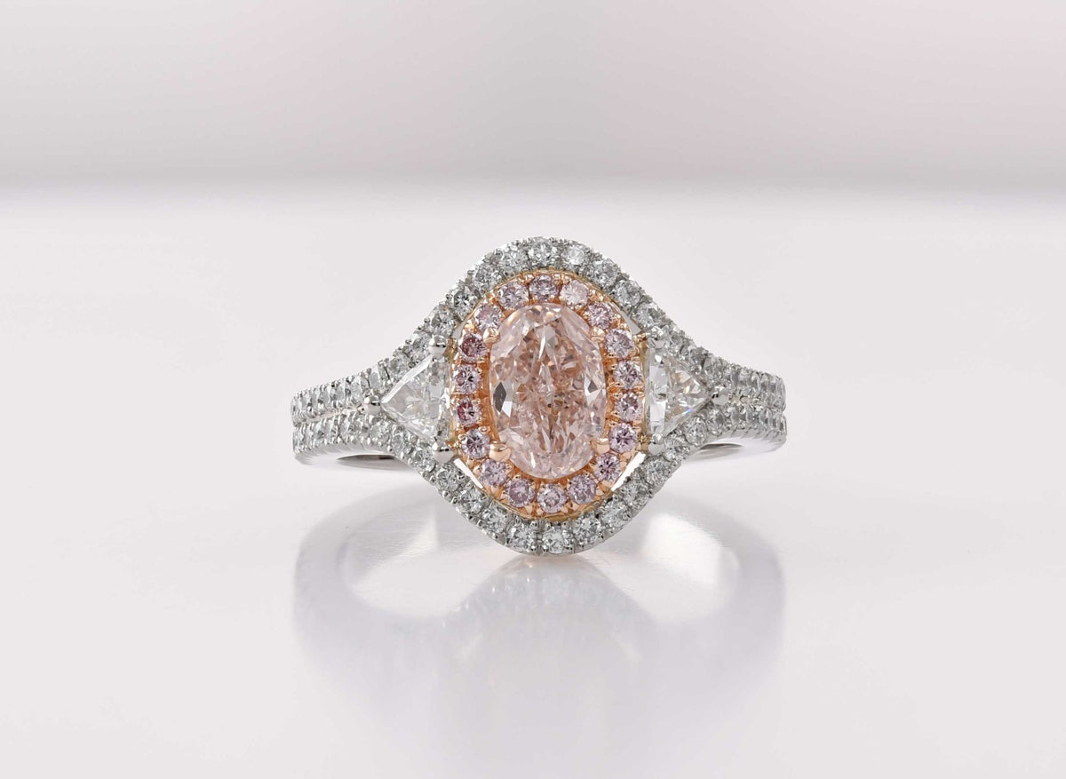 Fancy Pink Brown Oval Three-Stone Halo Diamond Ring