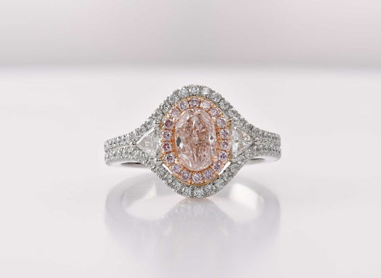 Fancy Pink Brown Oval Three-Stone Halo Diamond Ring