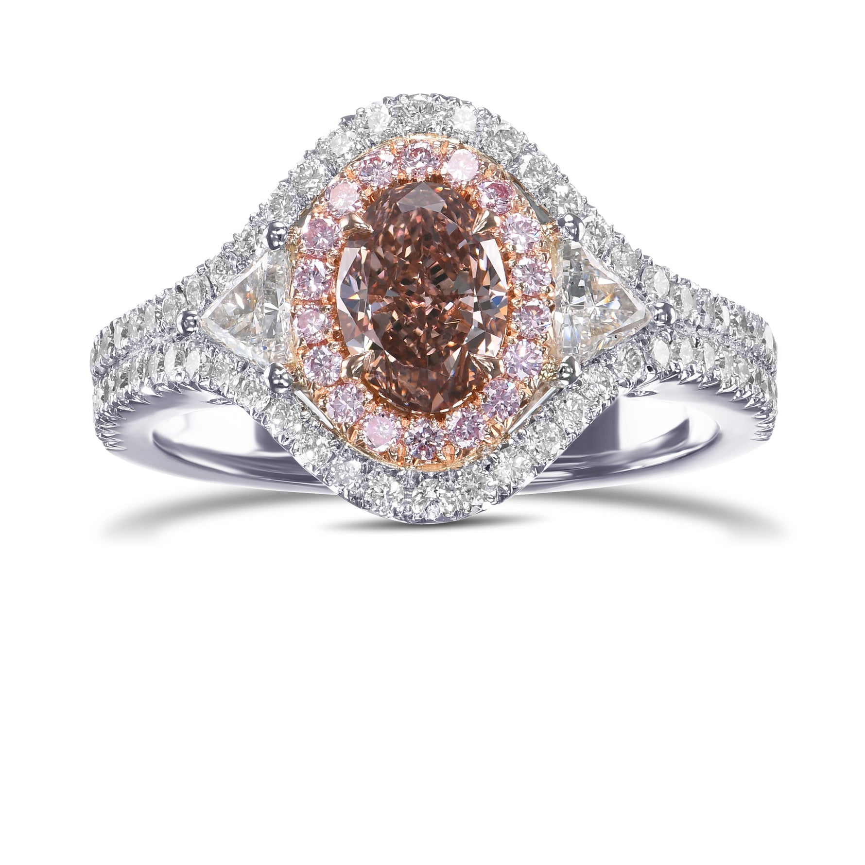 Fancy Pink Brown Oval Three-Stone Halo Diamond Ring