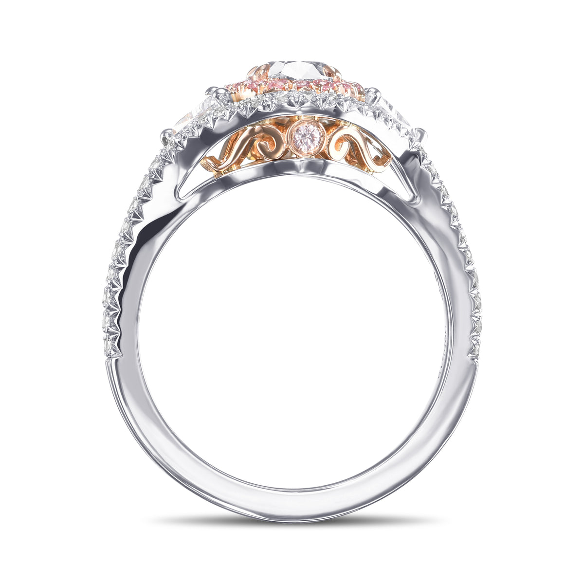 Fancy Pink Brown Oval Three-Stone Halo Diamond Ring