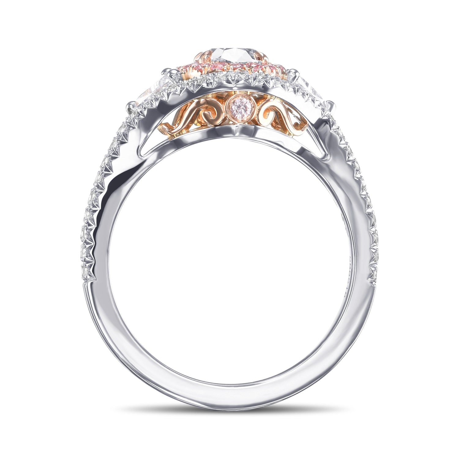 Fancy Pink Brown Oval Three-Stone Halo Diamond Ring