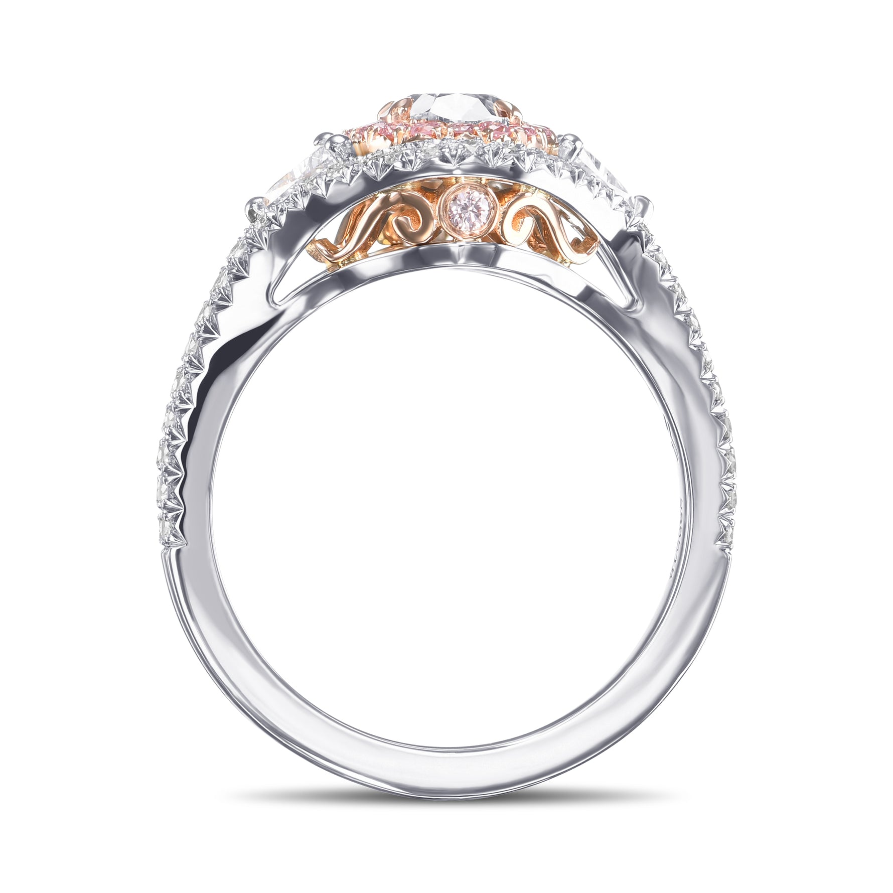Fancy Pink Brown Oval Three-Stone Halo Diamond Ring