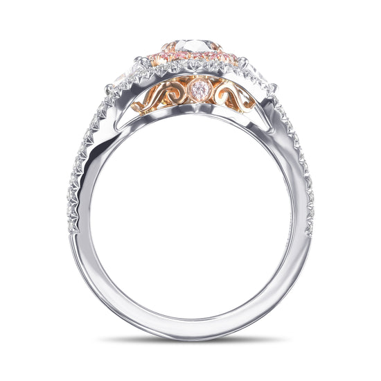 Fancy Pink Brown Oval Three-Stone Halo Diamond Ring