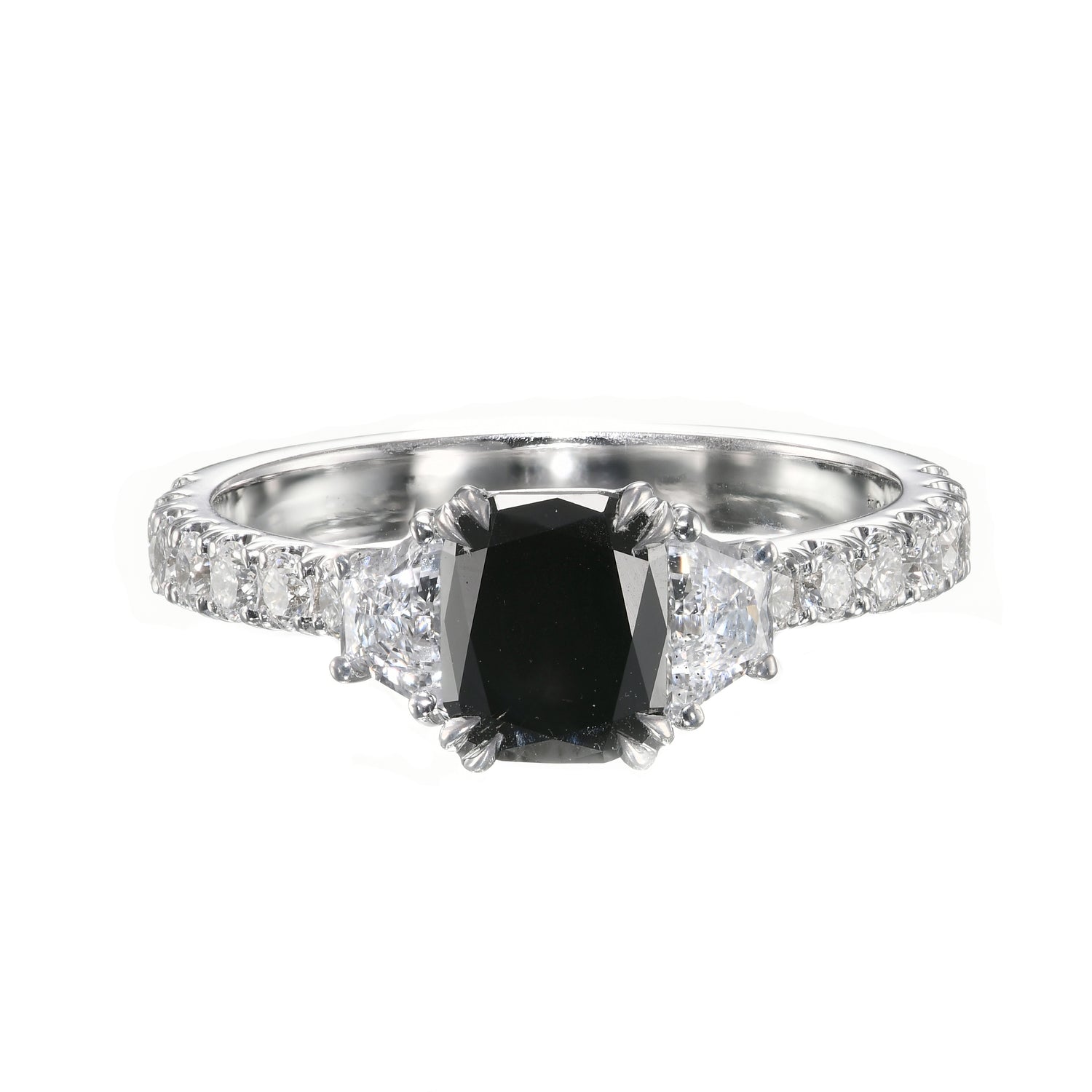 Fancy Black Cushion & Trapezoid Diamond Side-Stone Ring 