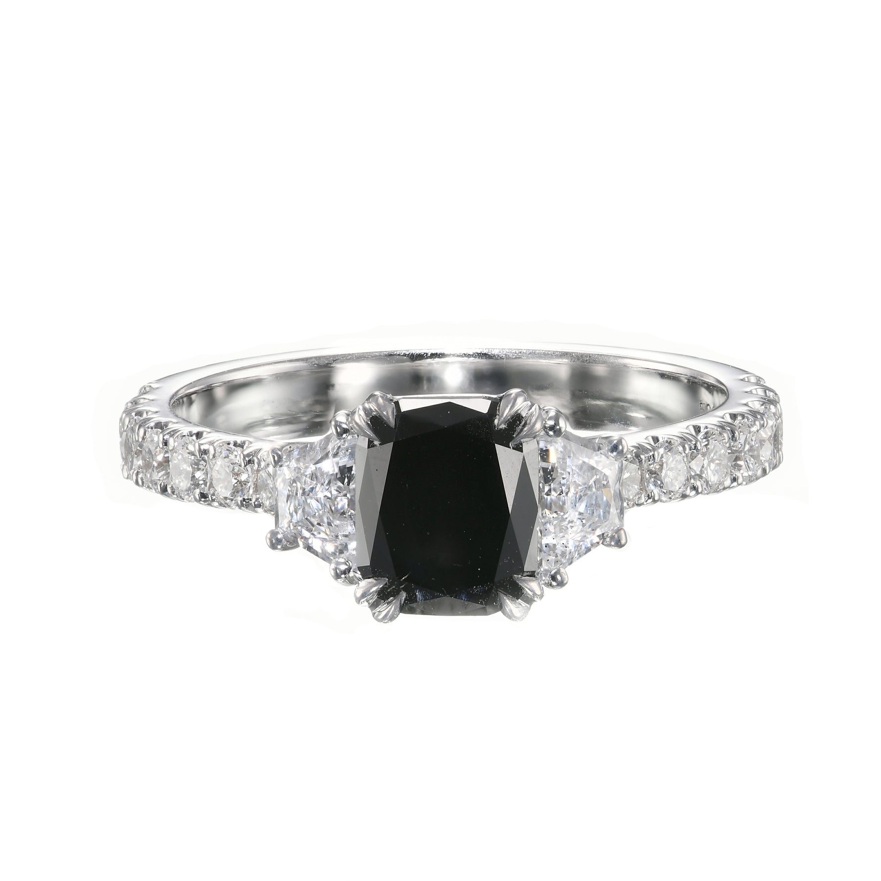 Fancy Black Cushion & Trapezoid Diamond Side-Stone Ring 
