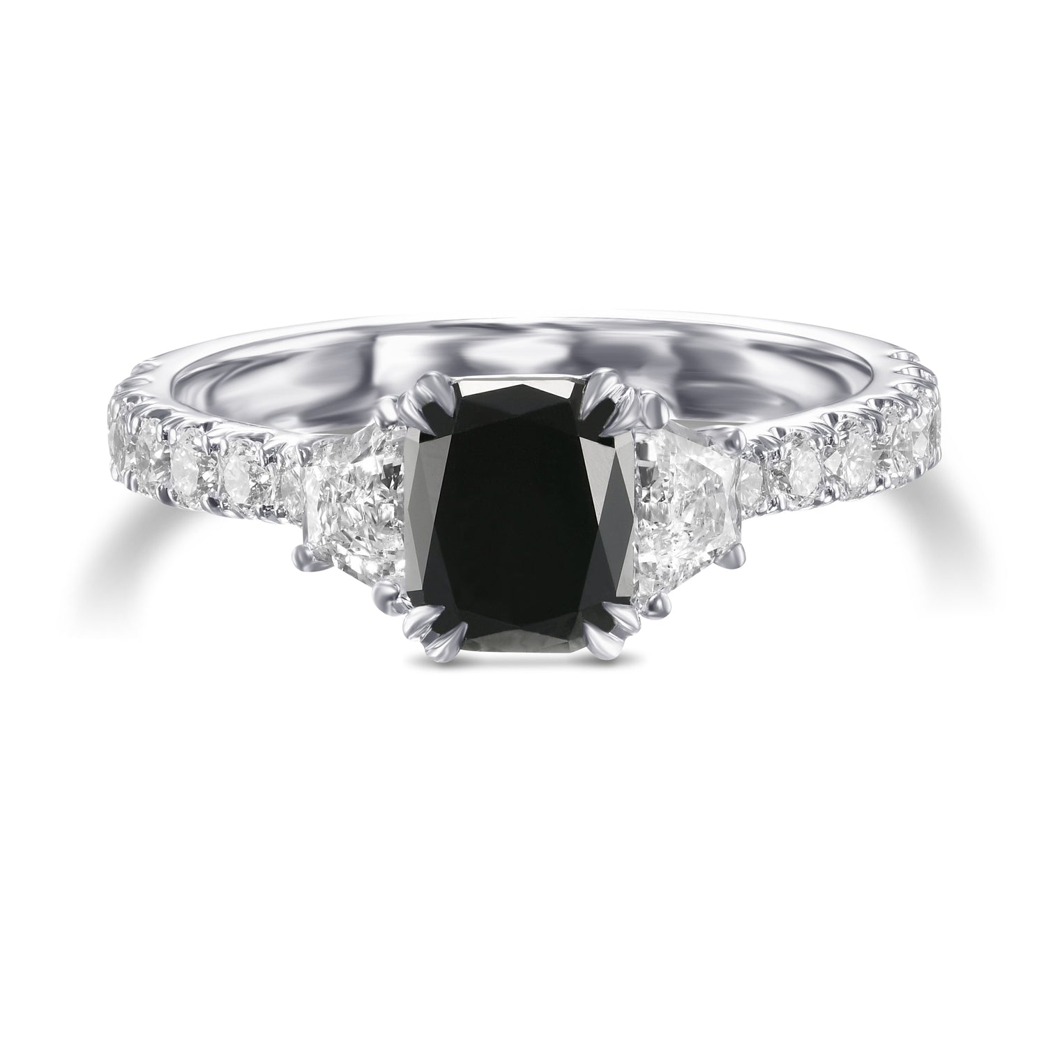Fancy Black Cushion & Trapezoid Diamond Side-Stone Ring 