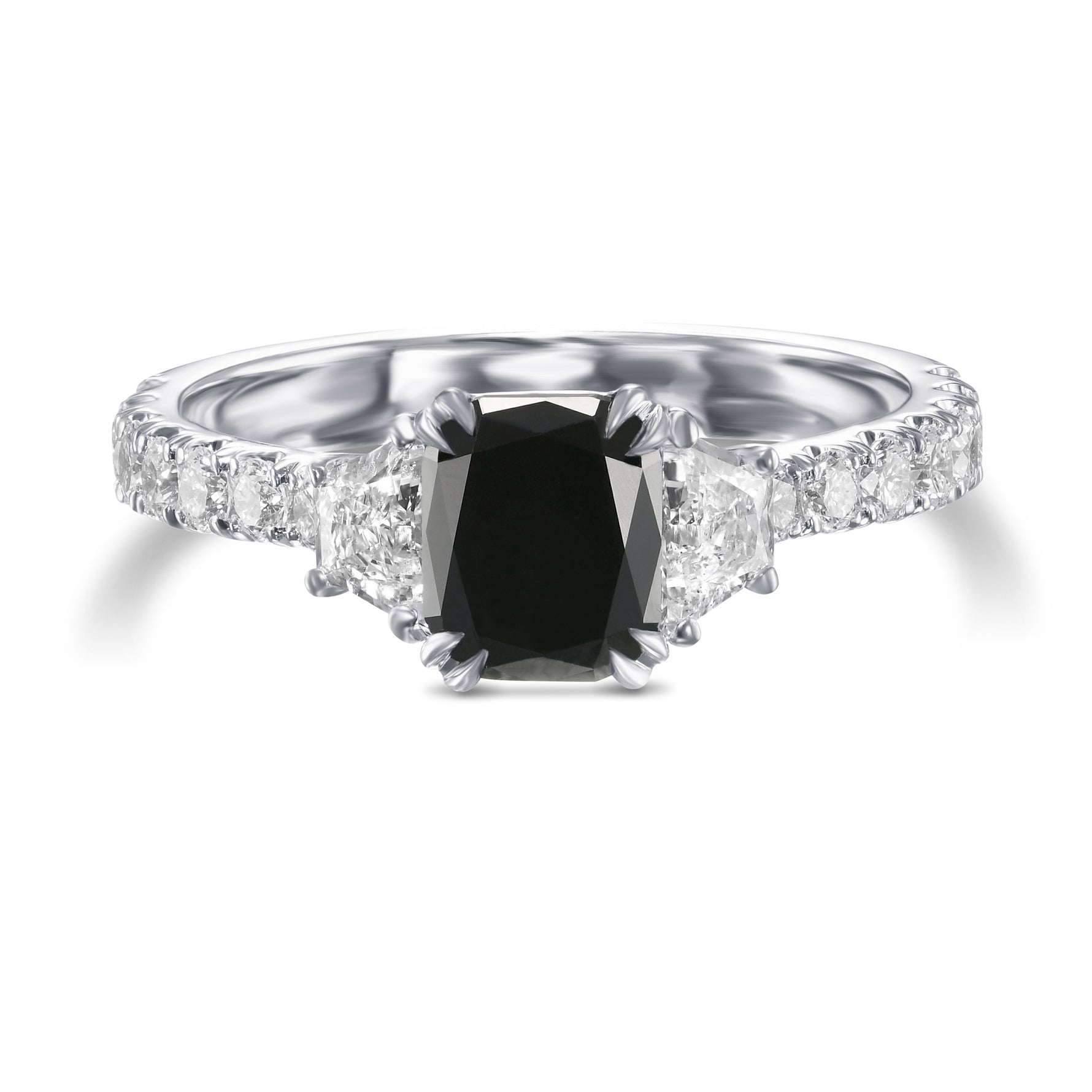 Fancy Black Cushion & Trapezoid Diamond Side-Stone Ring 