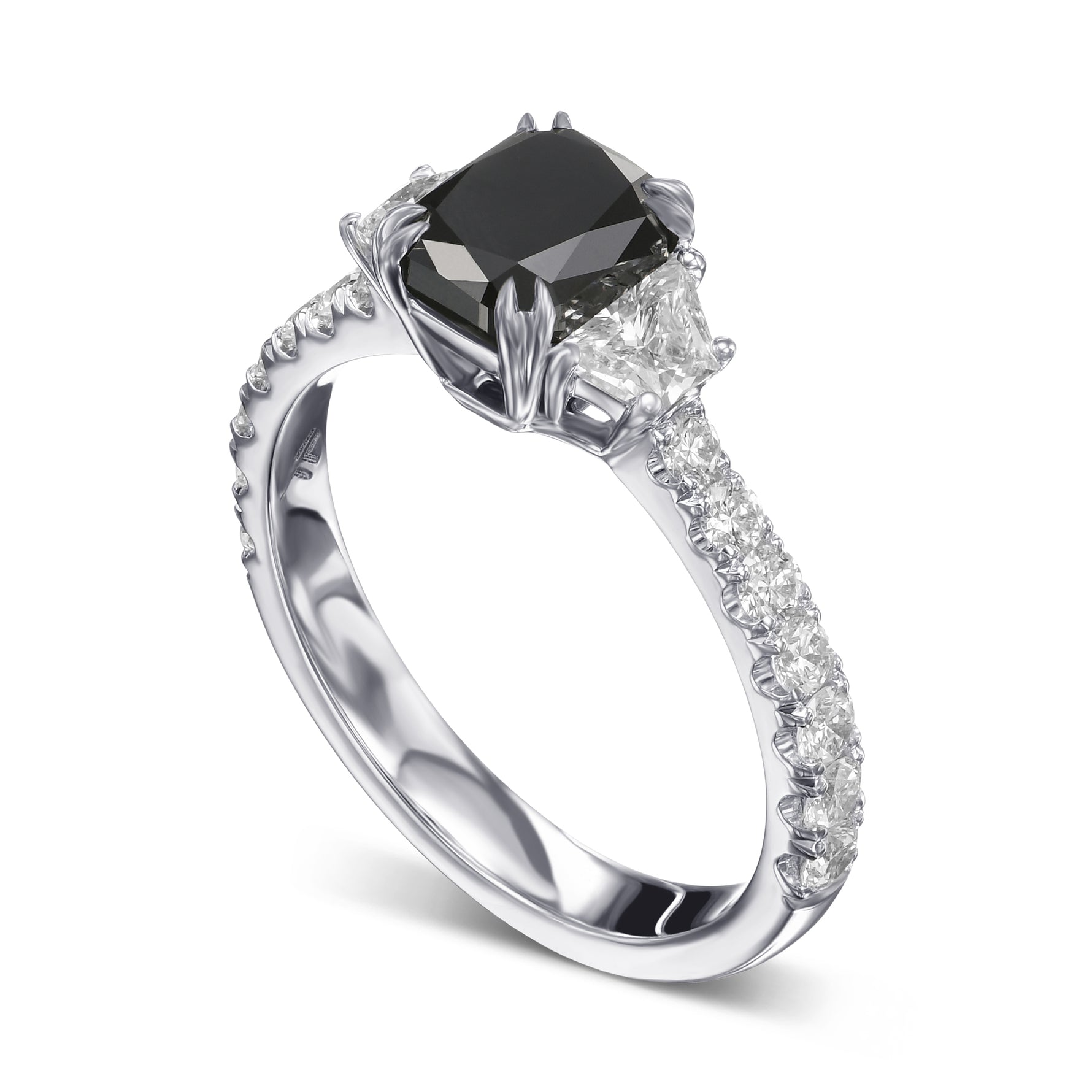 Fancy Black Cushion & Trapezoid Diamond Side-Stone Ring 