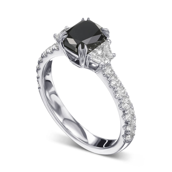 Fancy Black Cushion & Trapezoid Diamond Side-Stone Ring 