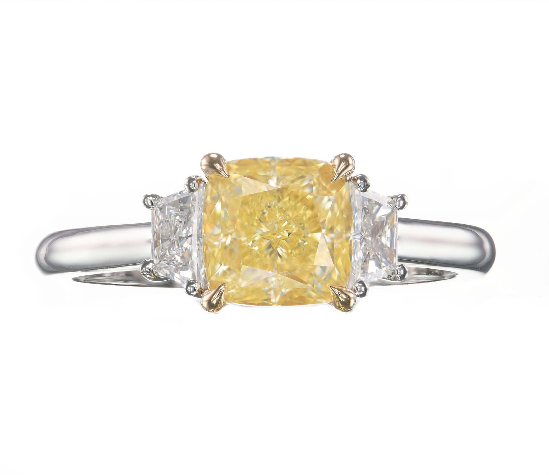 Fancy Yellow Cushion & Trapezoid Diamond Three-stone Ring